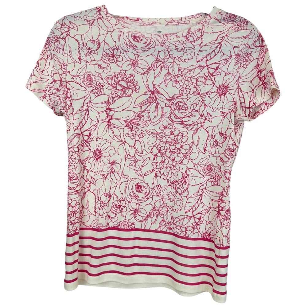 Talbots White Pink Floral Striped Hem Short Sleeve Pima Cotton Top Size SP